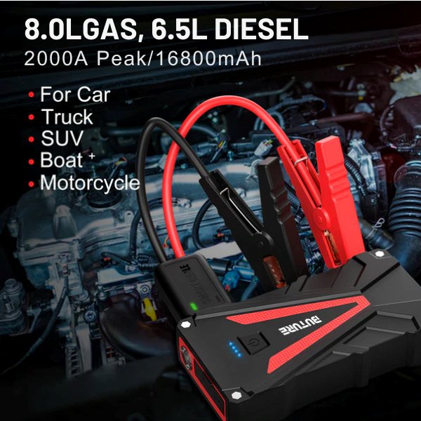 Buture BR500 car jump starter with 2000A peak current and 16800mAh battery, supports 8.0L gas and 6.5L diesel engines, suitable for cars, trucks, SUVs, boats, and motorcycles