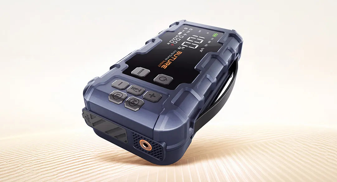 Buture Beta07 portable car jump starter with smart digital display, powerful battery booster, built-in 160 PSI tire inflator, USB power bank, and LED emergency flashlight for cars, trucks, SUVs, motorcycles, and outdoors camping.