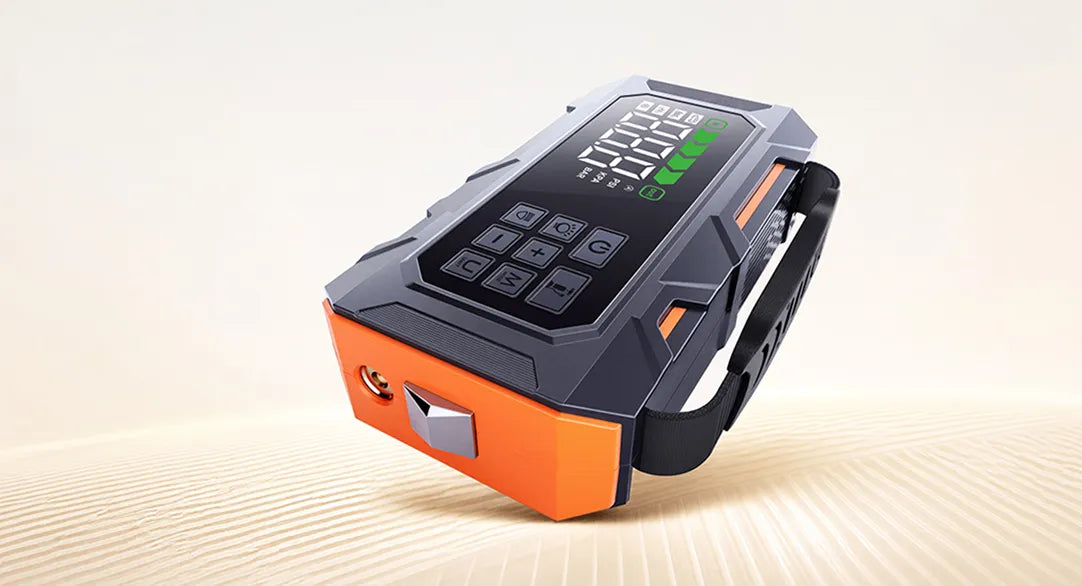 Buture Beta09 portable car battery jump starter with digital smart display, powerful emergency jump starting, built-in air compressor, power bank, and LED flashlight for cars, trucks, SUVs, motorcycles, and roadside emergencies.