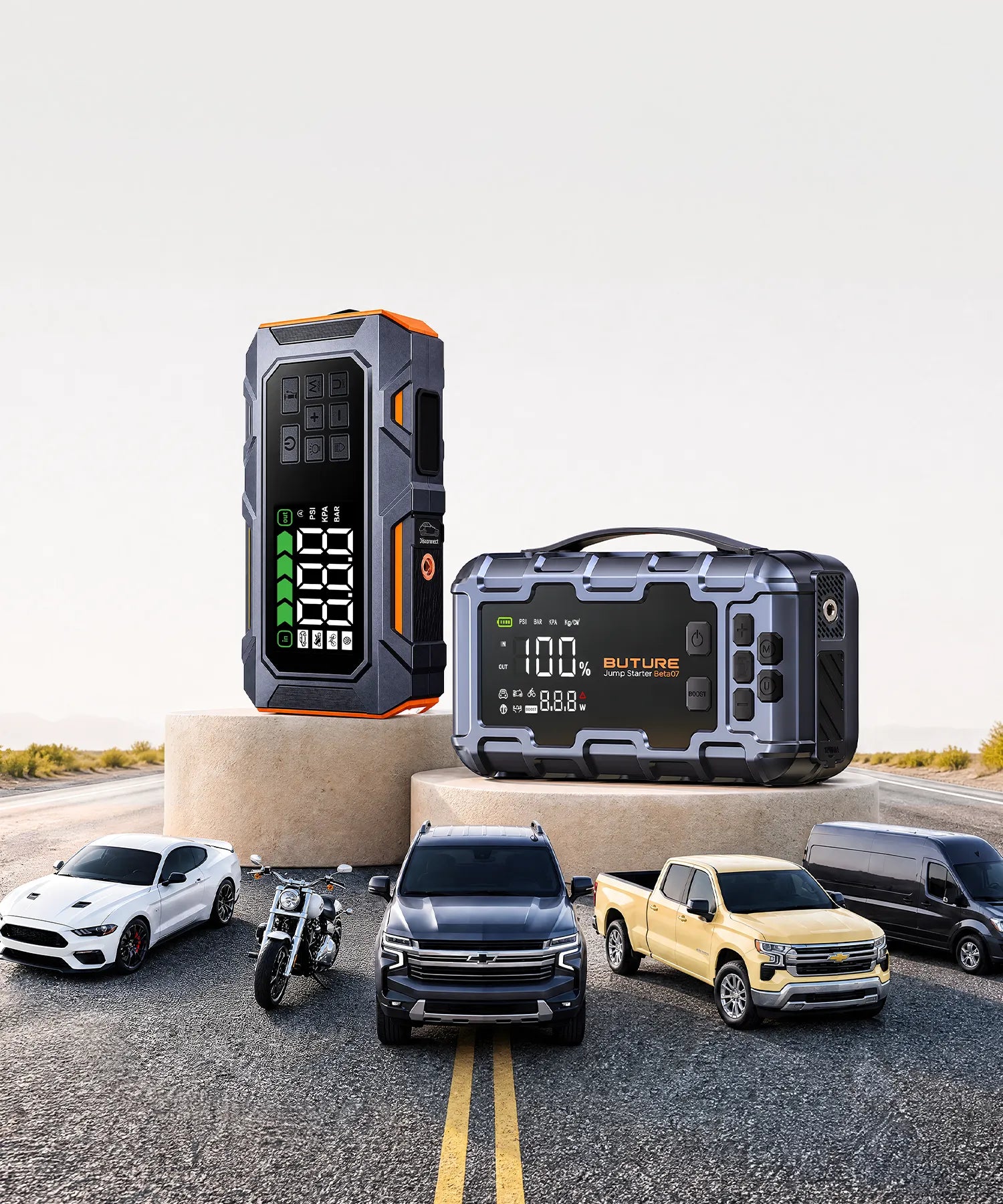 Buture portable jump starter category featuring the bestselling Beta09 and Beta07 jump starters for cars, trucks, SUVs, motorcycles, and vans. Powerful car battery jump starter with built-in power bank, 160 PSI tire inflator, emergency LED lighting, and wide vehicle compatibility for reliable roadside emergencies.