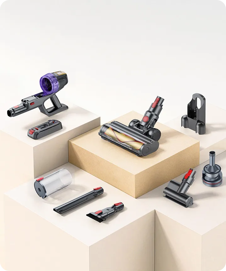 Genuine Buture vacuum parts and accessories for cordless vacuums, including versatile cleaning brushes, motorized floor brush, wall mount, rechargeable battery, dust cup, HEPA filters, crevice tool, and replacement attachments for complete home cleaning.
