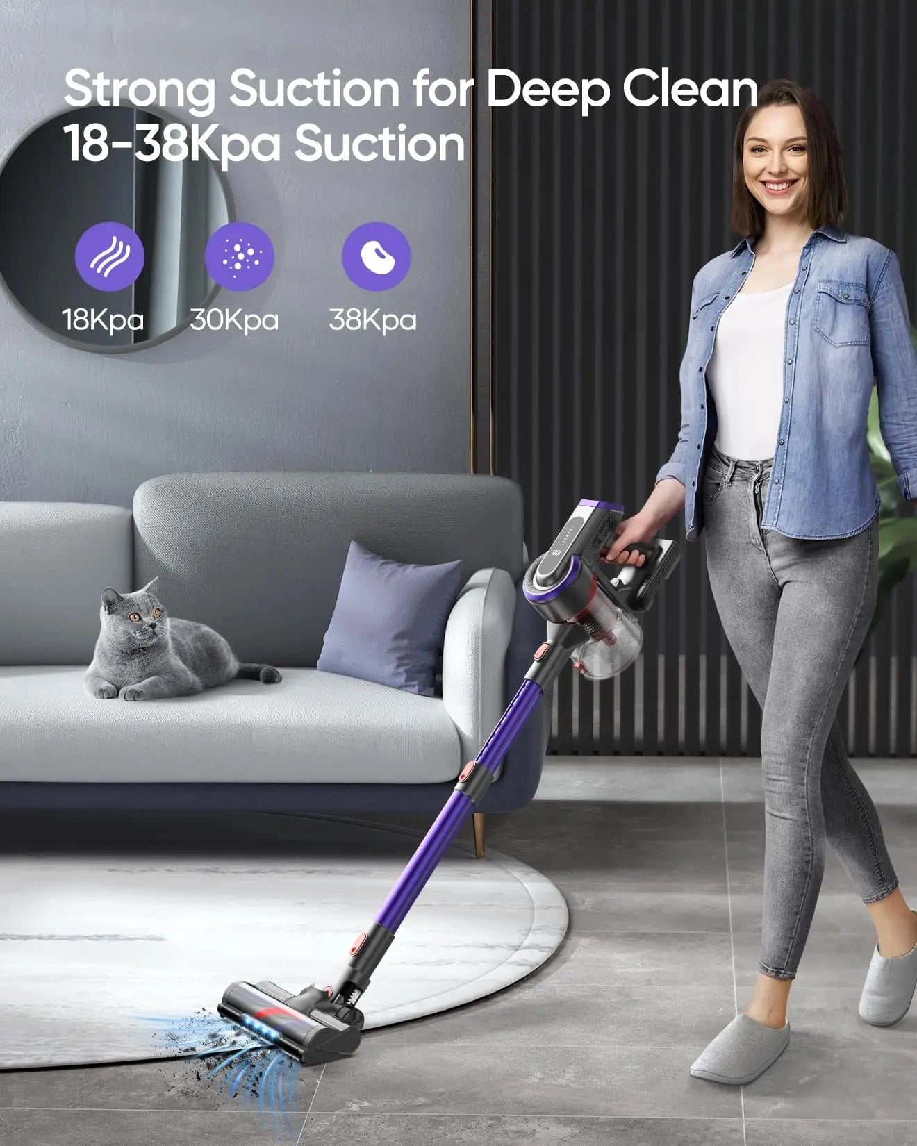 Buture JR400 stick vacuum cleaner with adjustable strong suction from 18KPa to 38KPa for deep cleaning