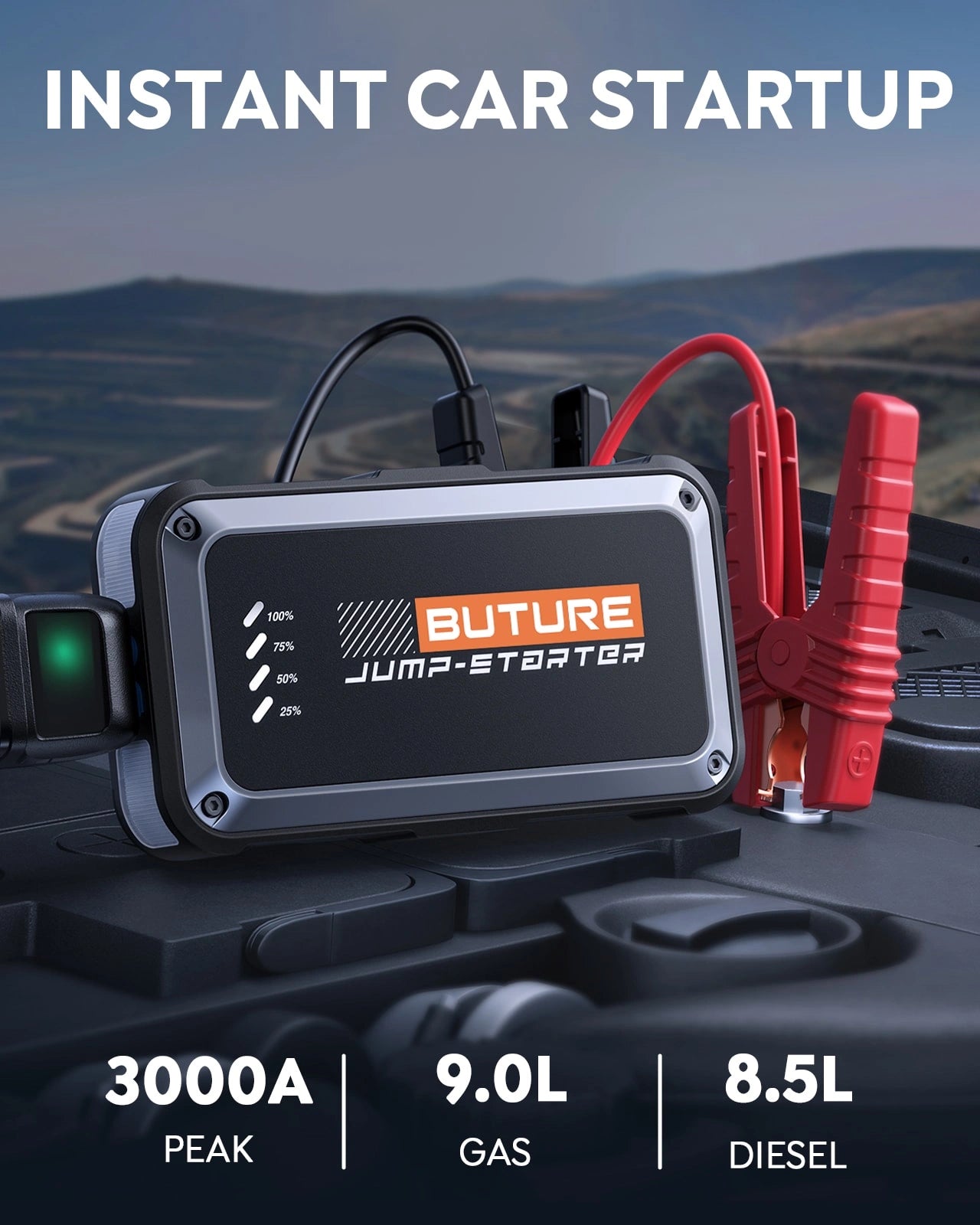 Buture Beta08 start up car instantly with 3000A peak current compatible for 9.0L gas & 8.5L diesel