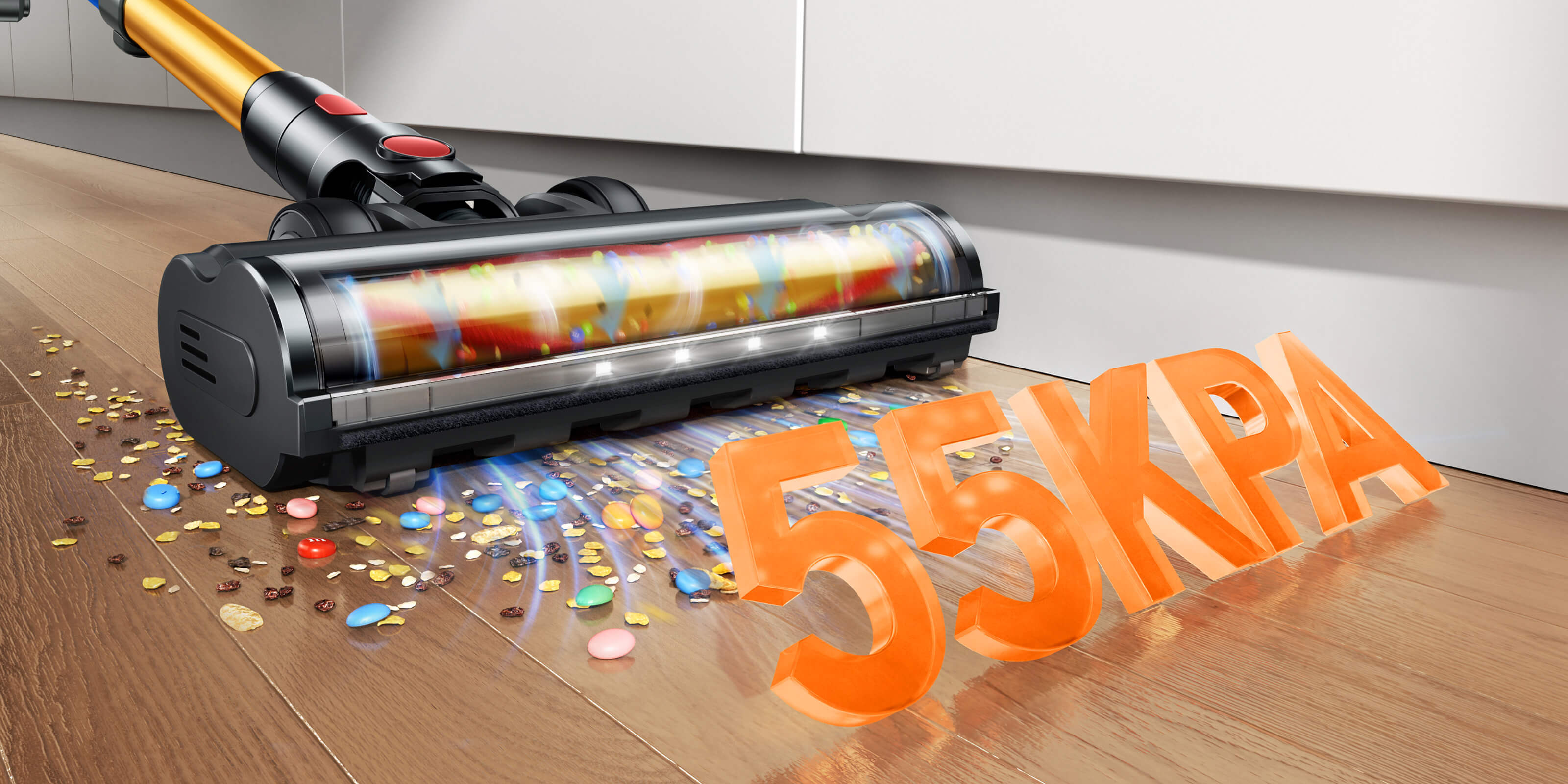 Buture VC90 cordless vacuum cleaner on wooden floor with 55KPa suction and anti-tangle brush.