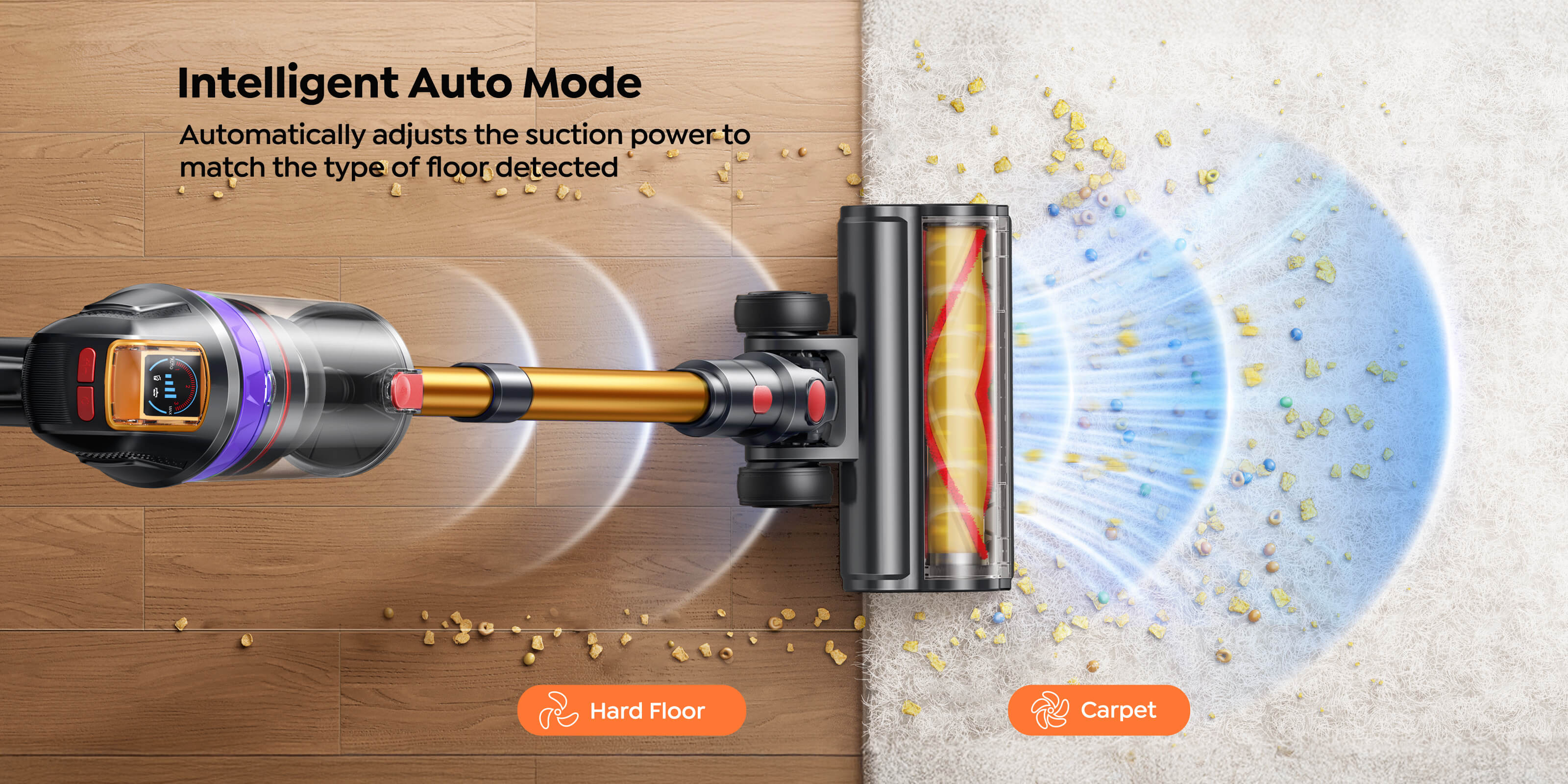 Buture VC90 vacuum cleaner with intelligent auto mode that adjusts suction from hard floor to carpet.
