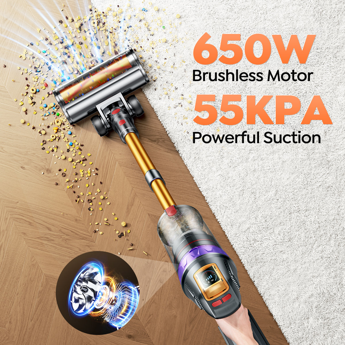 Buture VC90 Vacuum with text highlighting 600W brushless motor and 55KPA suction on a wooden floor and carpet background.