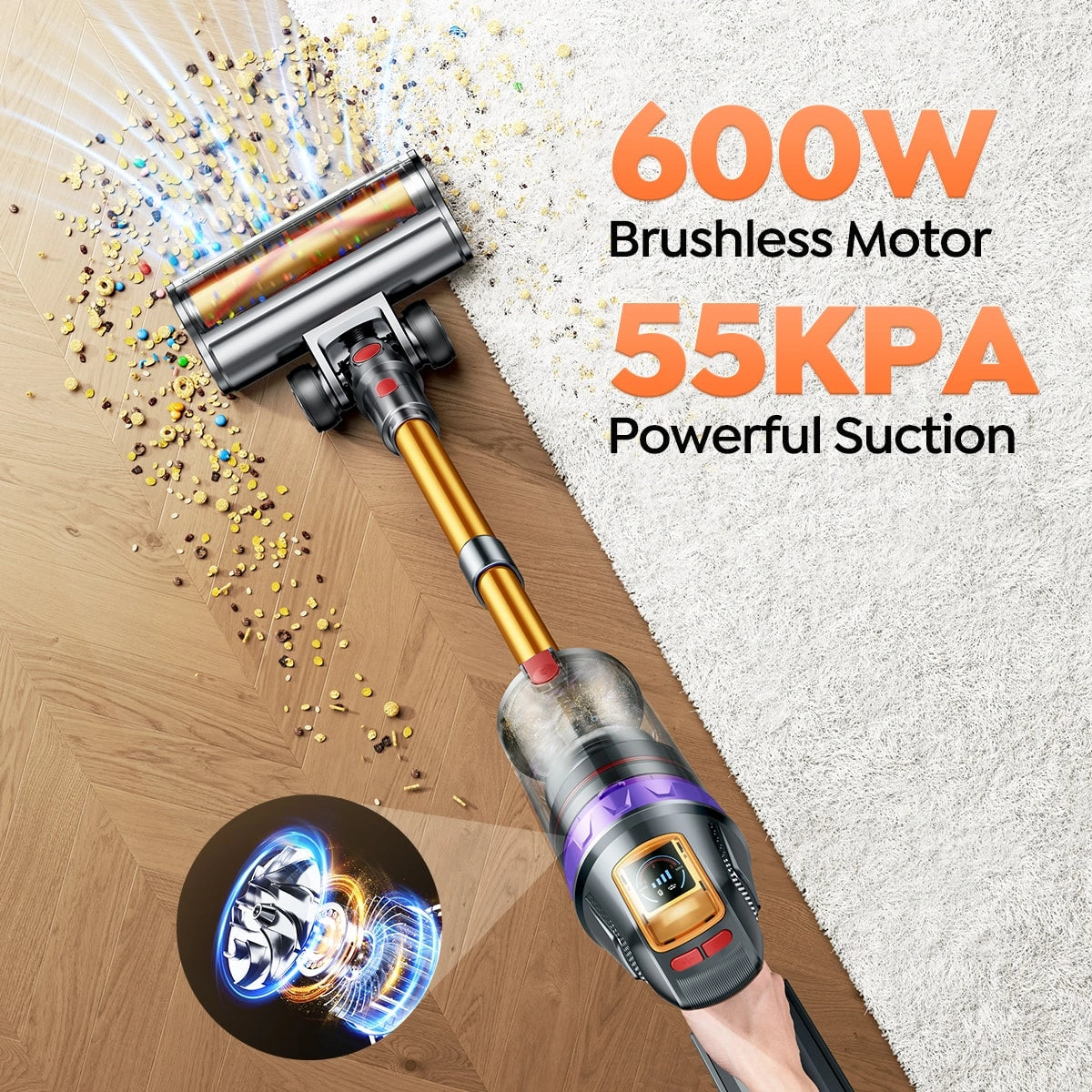 Buture VC90 Vacuum with text highlighting 600W brushless motor and 55KPA suction on a wooden floor and carpet background.