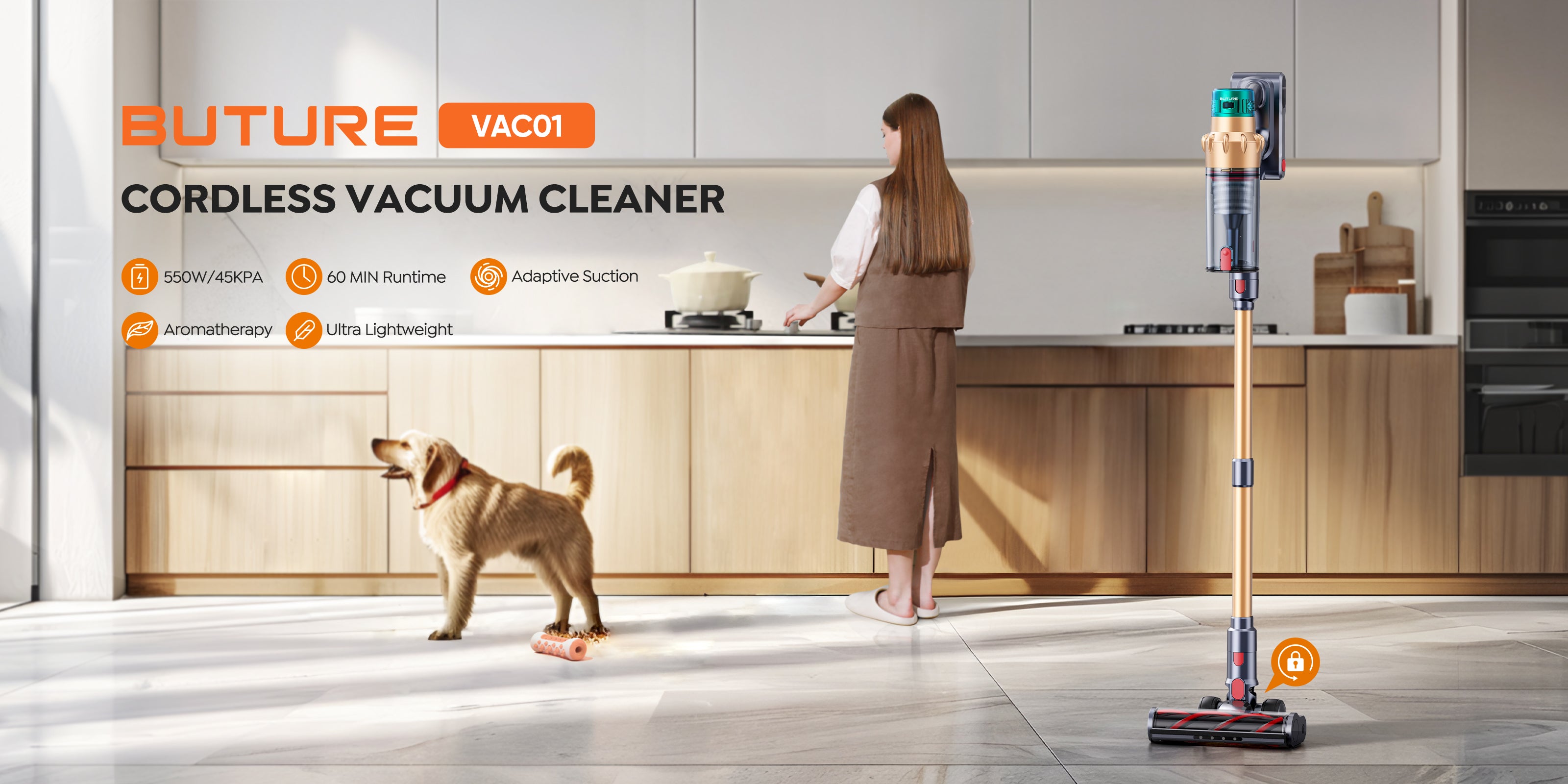 VAC01 upright vacuum cleaner​ can be placed upright with a fixed lock, allowing you to deal with pet hygiene and kitchen hygiene at home anytime and anywhere.