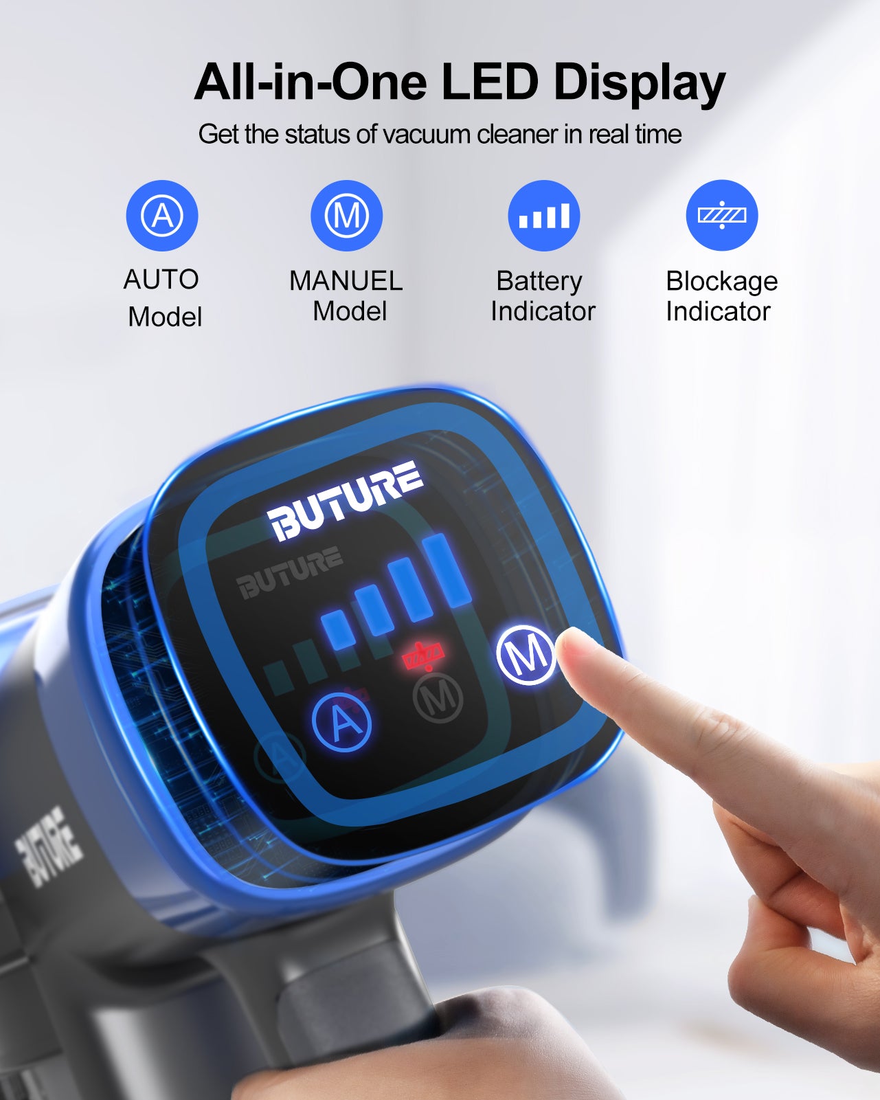 All-in-one LED display on VC50 blue cordless stick vacuum cleaner for real-time suction mode selection, battery monitoring, and smart blockage detection.