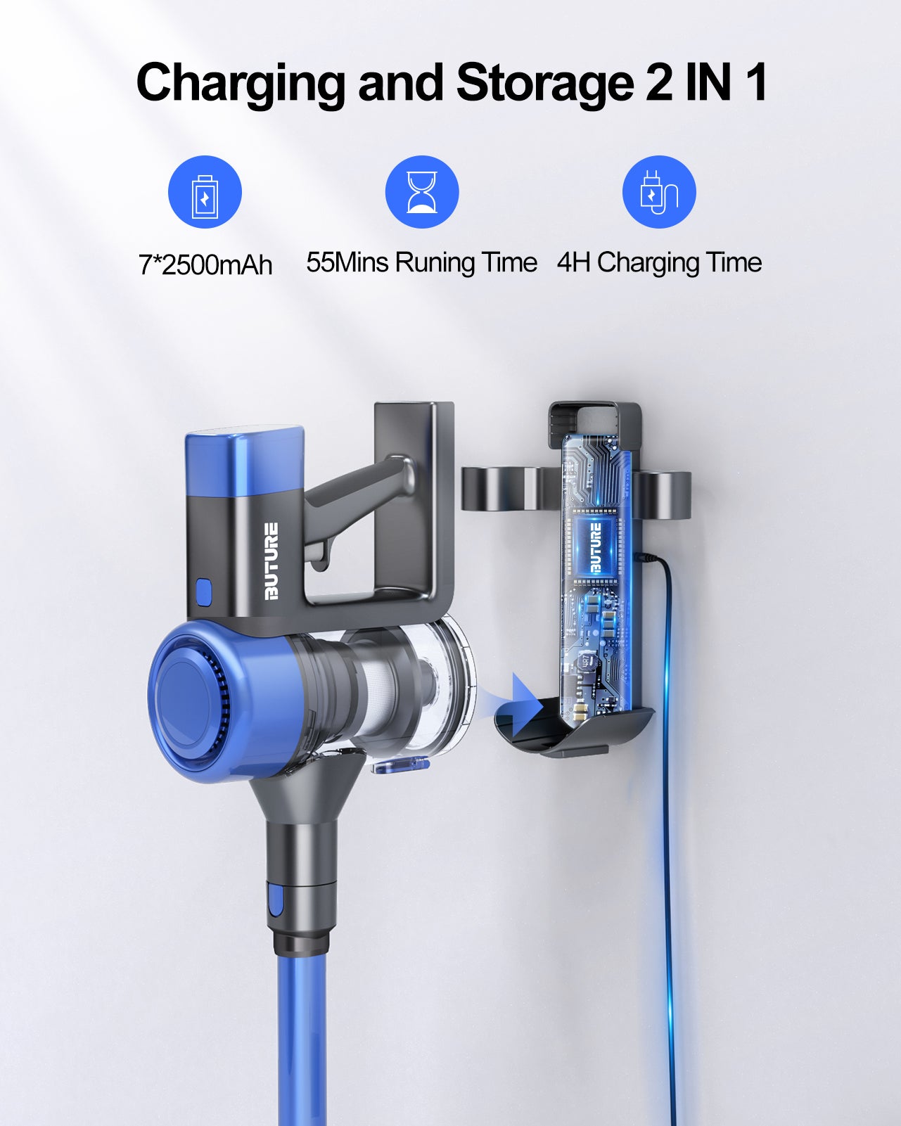 VC50 blue cordless vacuum cleaner with 2-in-1 wall mount for charging and storage – 55 mins runtime (7x2500mAh battery) and 4-hour quick charge.