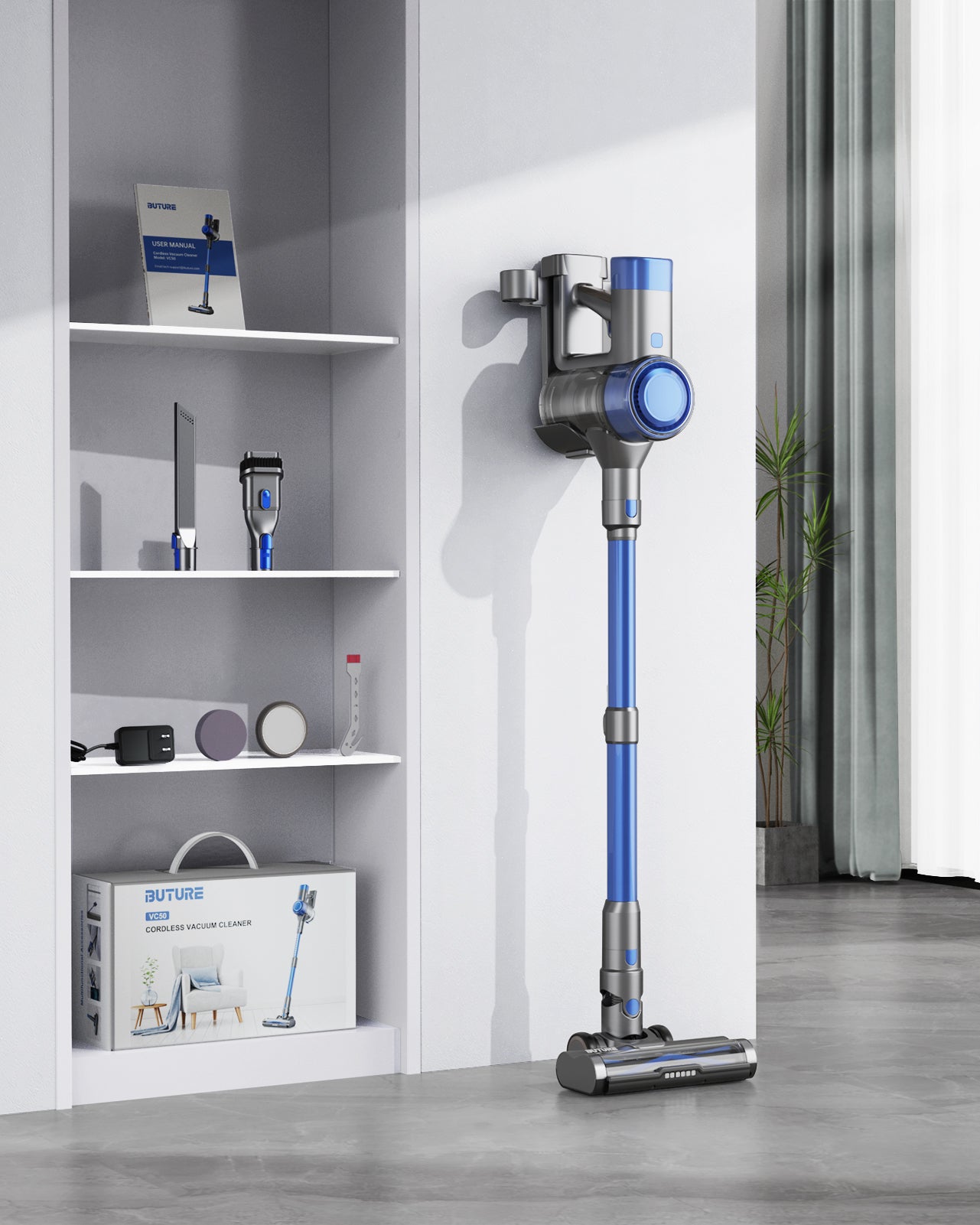 VC50 blue cordless vacuum cleaner pack includes: main body with battery & dust cup, telescopic tube, vacuum brush head, 2-in-1 brush, crevice nozzle, HEPA & sponge filters, adapter, wall mount, and user manual.