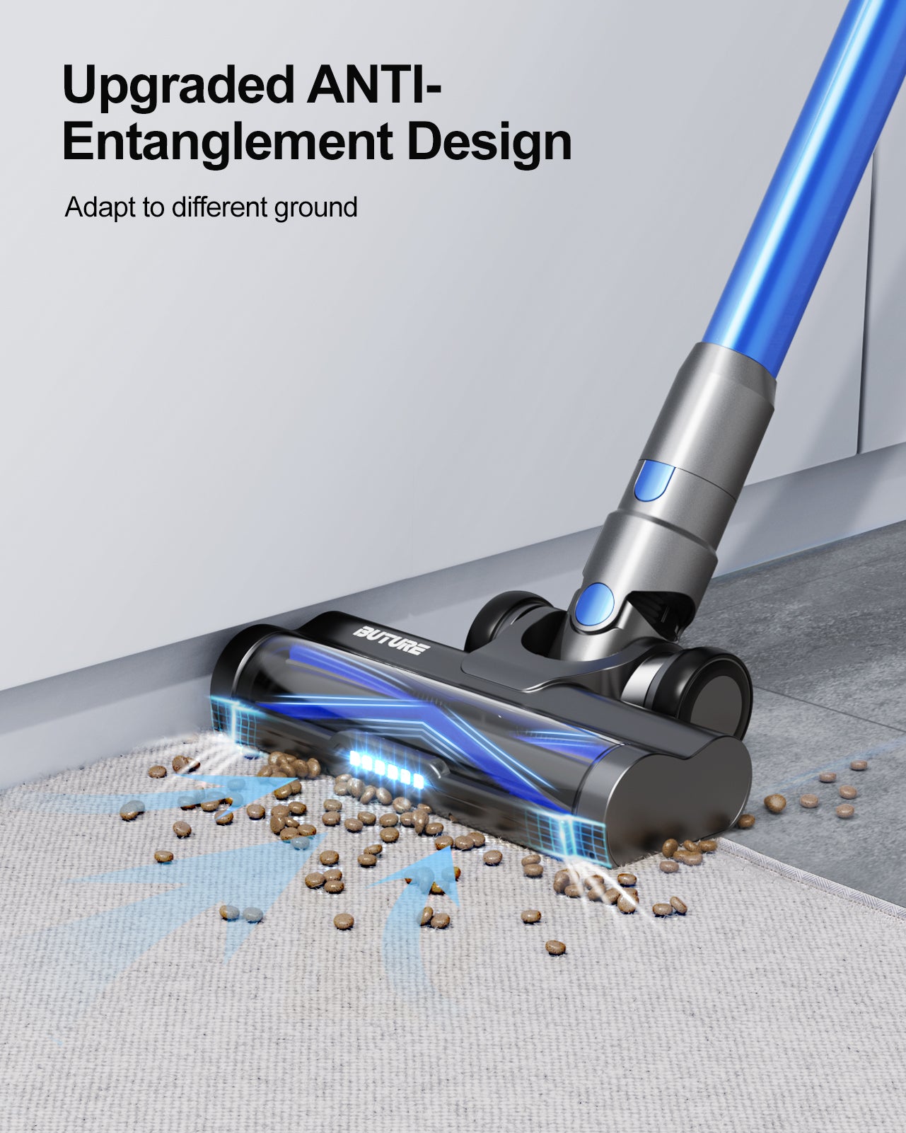 VC50 blue cordless vacuum cleaner with upgraded anti-tangle floor brush – automatically adapts to different grounds including carpets, hardwood, and tile for hassle-free cleaning.