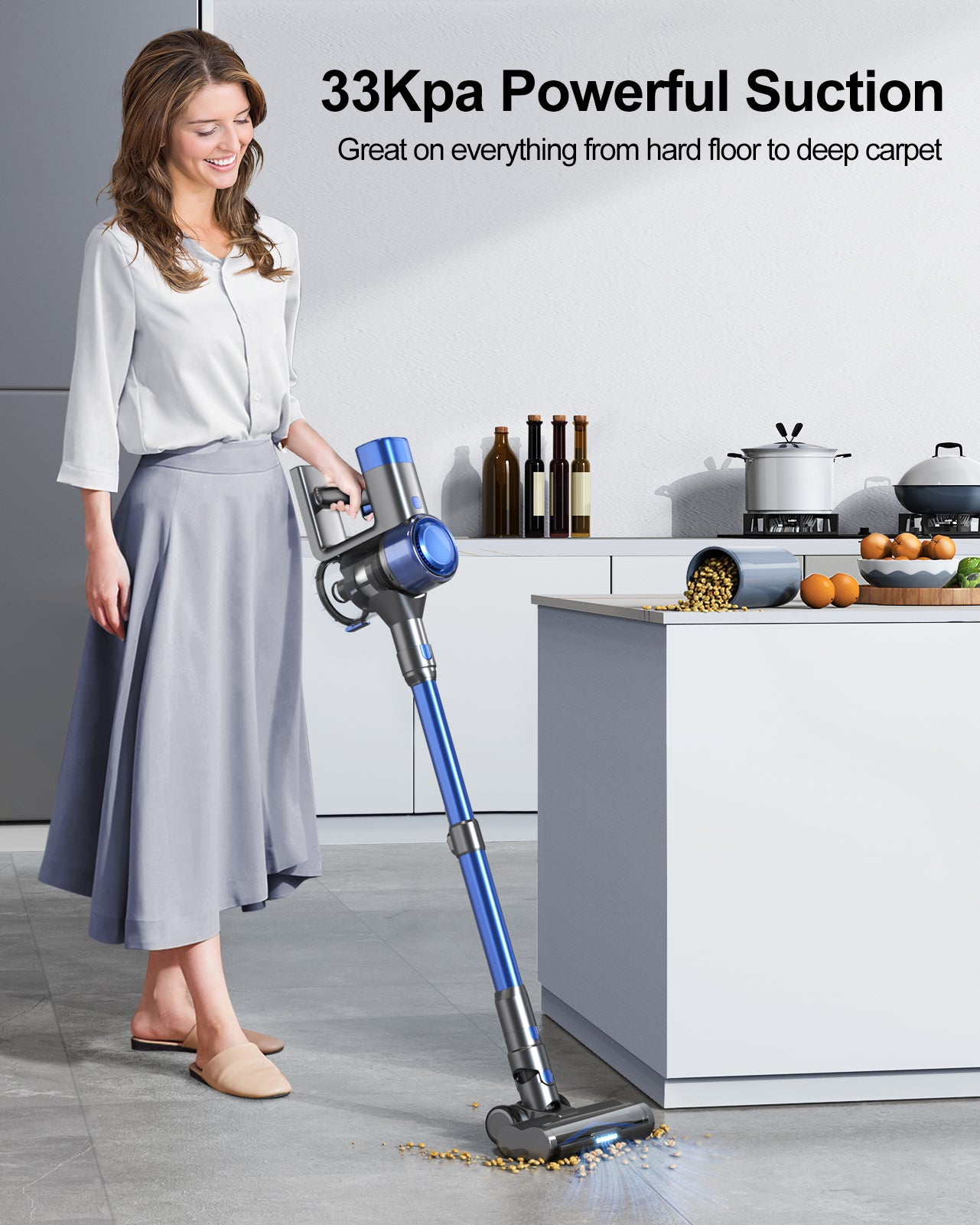 Powerful 33kPa VC50 blue cordless vacuum cleaner for effective deep cleaning on hardwood floors, tiles, and thick carpets.