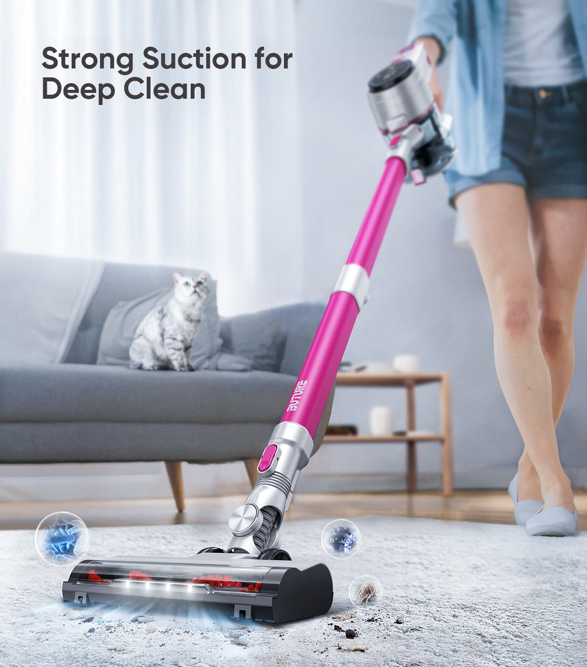 BuTure Cordless Vacuum Cleaner, 450W 38Kpa Powerful Stick Vacuum with 55min  Runtime Detachable Battery, Touch Display and 1.5L Large Dust Cup, Vacuum