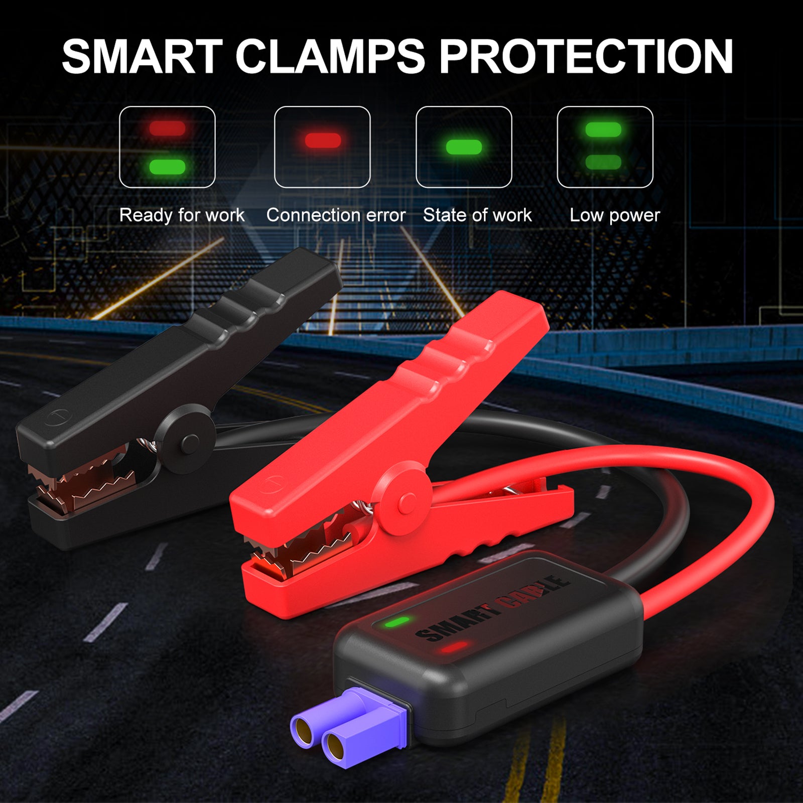 Buture BR500 car jump starter smart clamps with multi-color indicator lights, red and green flashing to show working status including ready to work, connection error, active operation, and low power alerts for safe jump-starting
