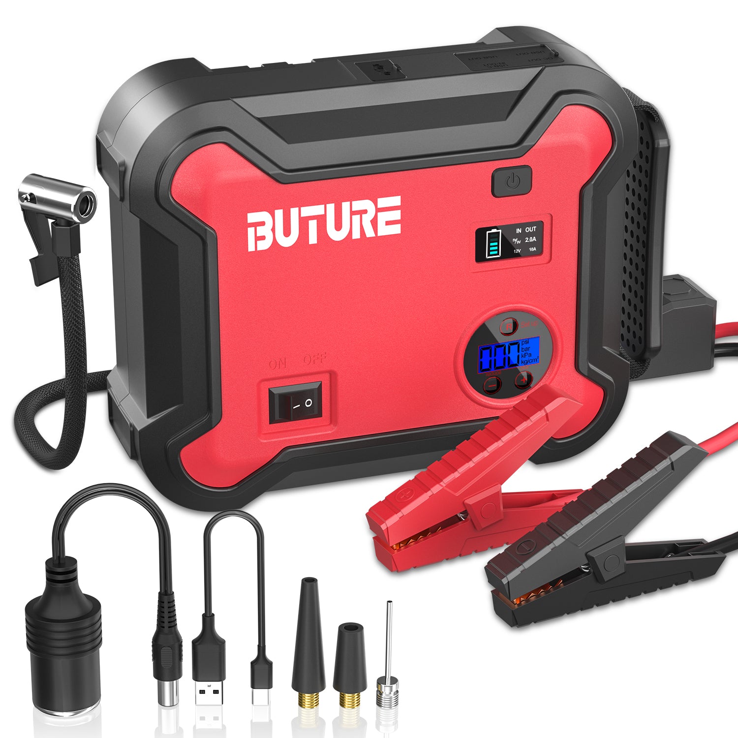 Buture BR700 jump starter with built-in air compressor accessories: DC cigarette lighter adapter, smart clamps, user manual, USB to Type-C cable, 3 valve adapters, and storage box